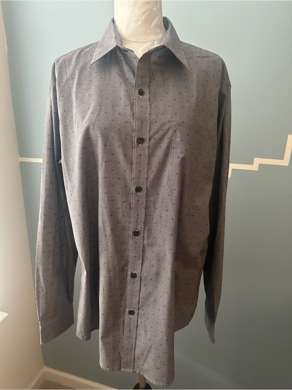 Van Heusen Gray Button-Up Dress Shirt with Red Microdots